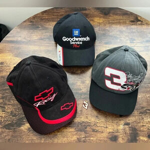 VINTAGE BUNDLE: NASCAR. 3- Dale Earnhardt baseball caps + #3 pin.